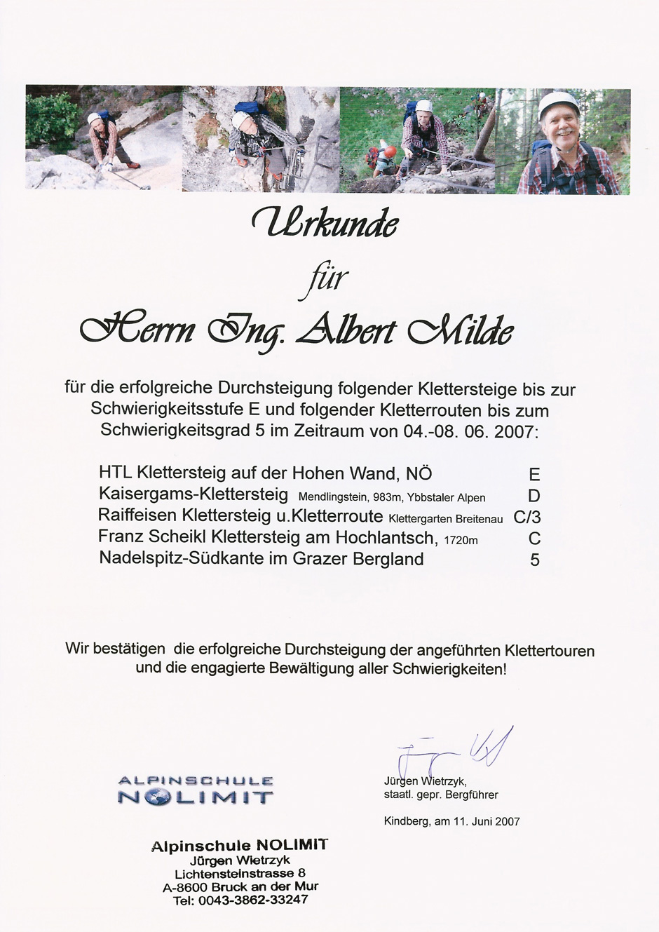 Urkunde Alpinschule NOLIMIT