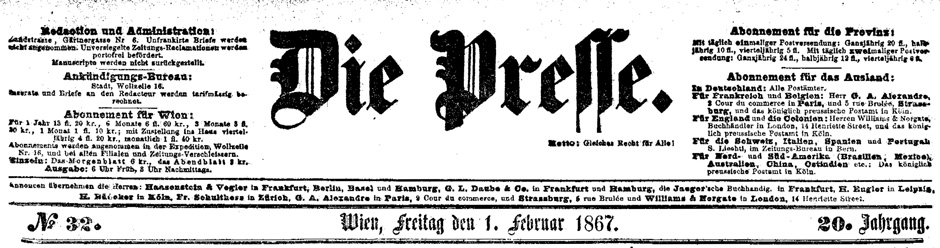 Archivbild: Die Presse, Wien, Freitag, den 1. Februar 1867; Titelseite