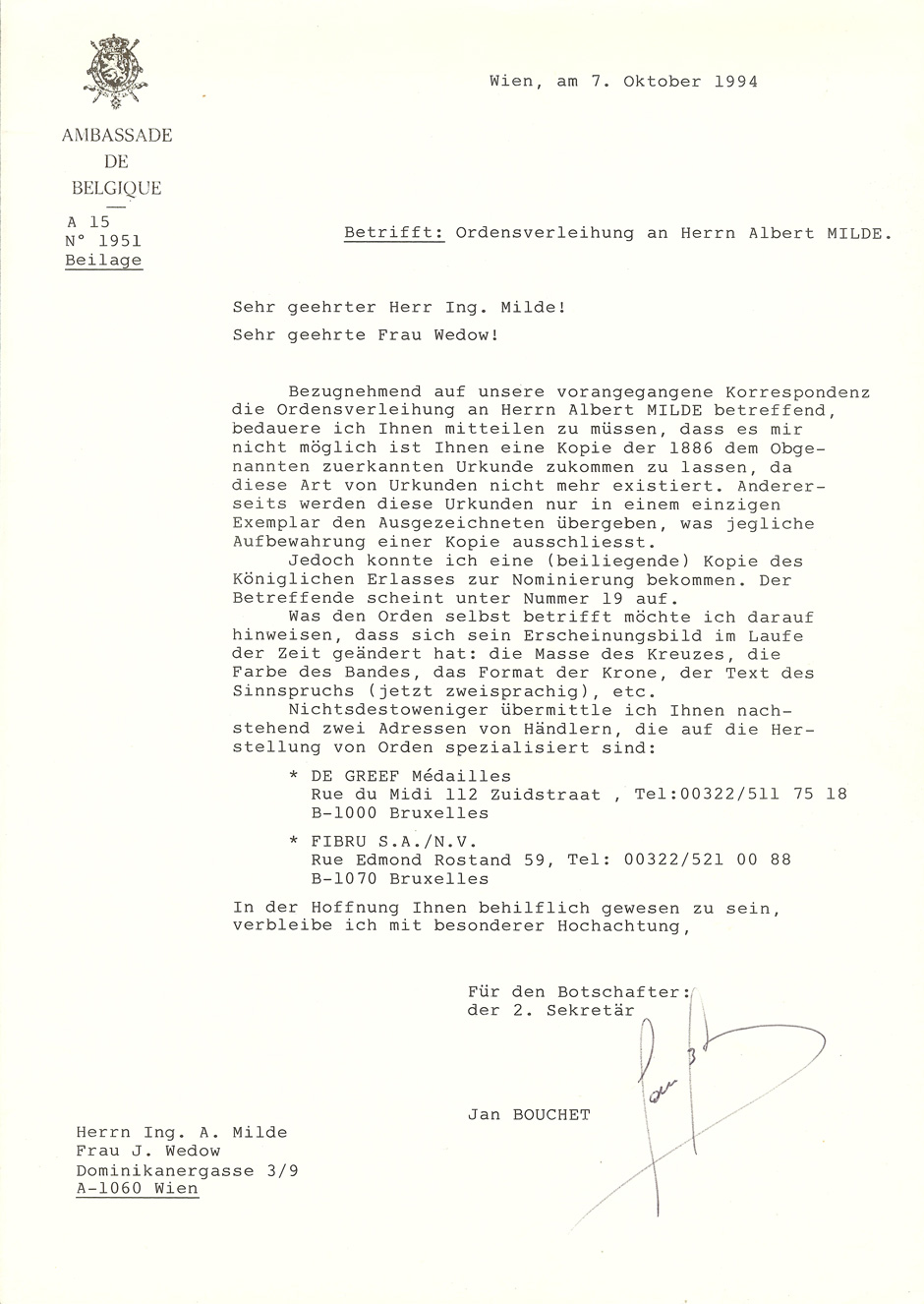 Letter Ambassade de Belgigue 7.10.1994