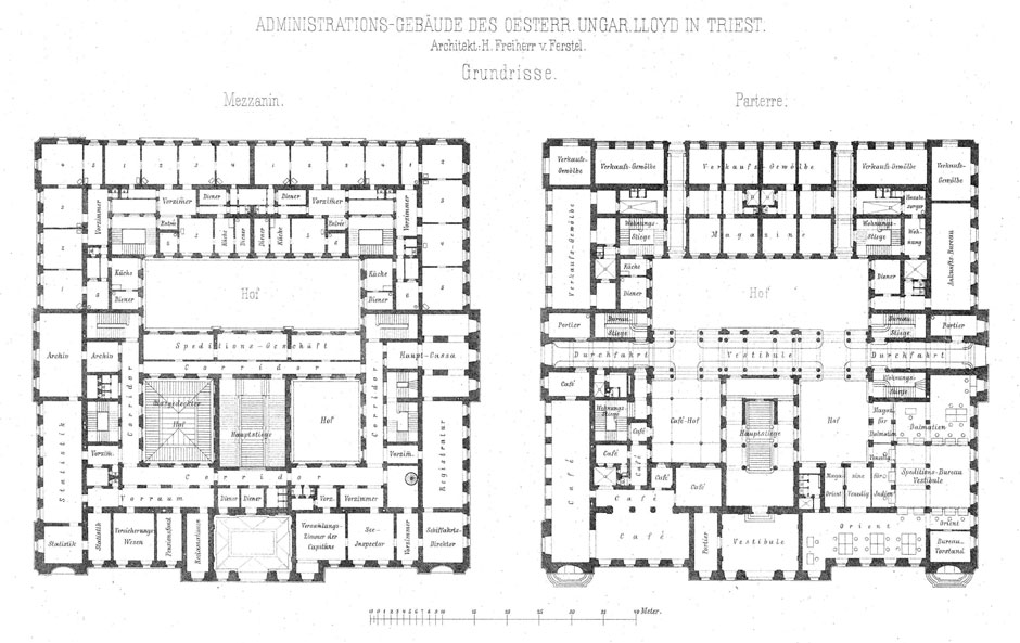 Archivbild: Administrationsgebäude des Österr.-ungar. Lloyd in Triest, Grundrisse Mezzanin und Parterre