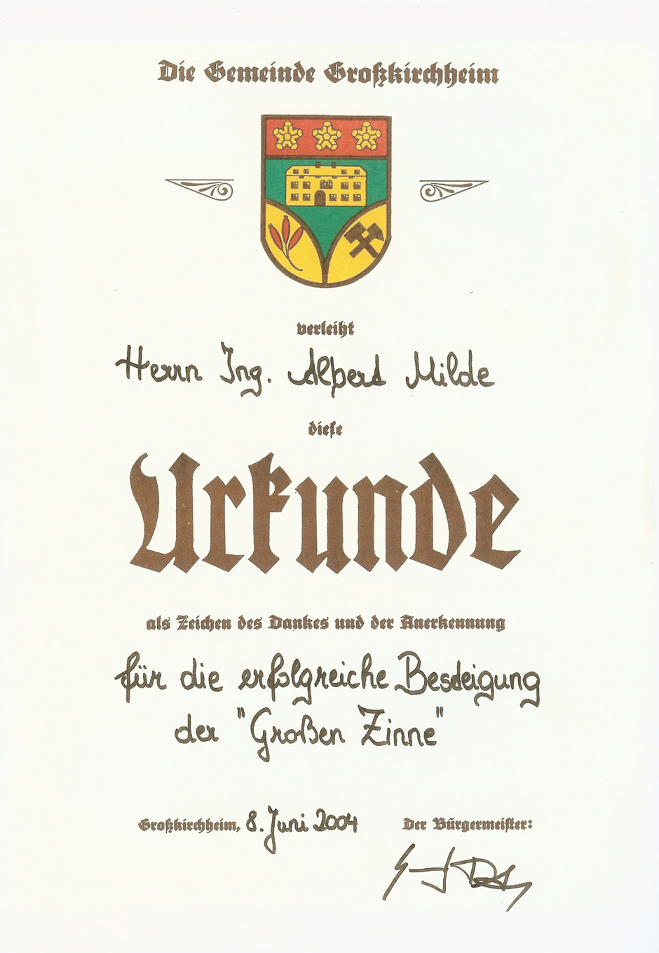 Urkunde Große Zinne