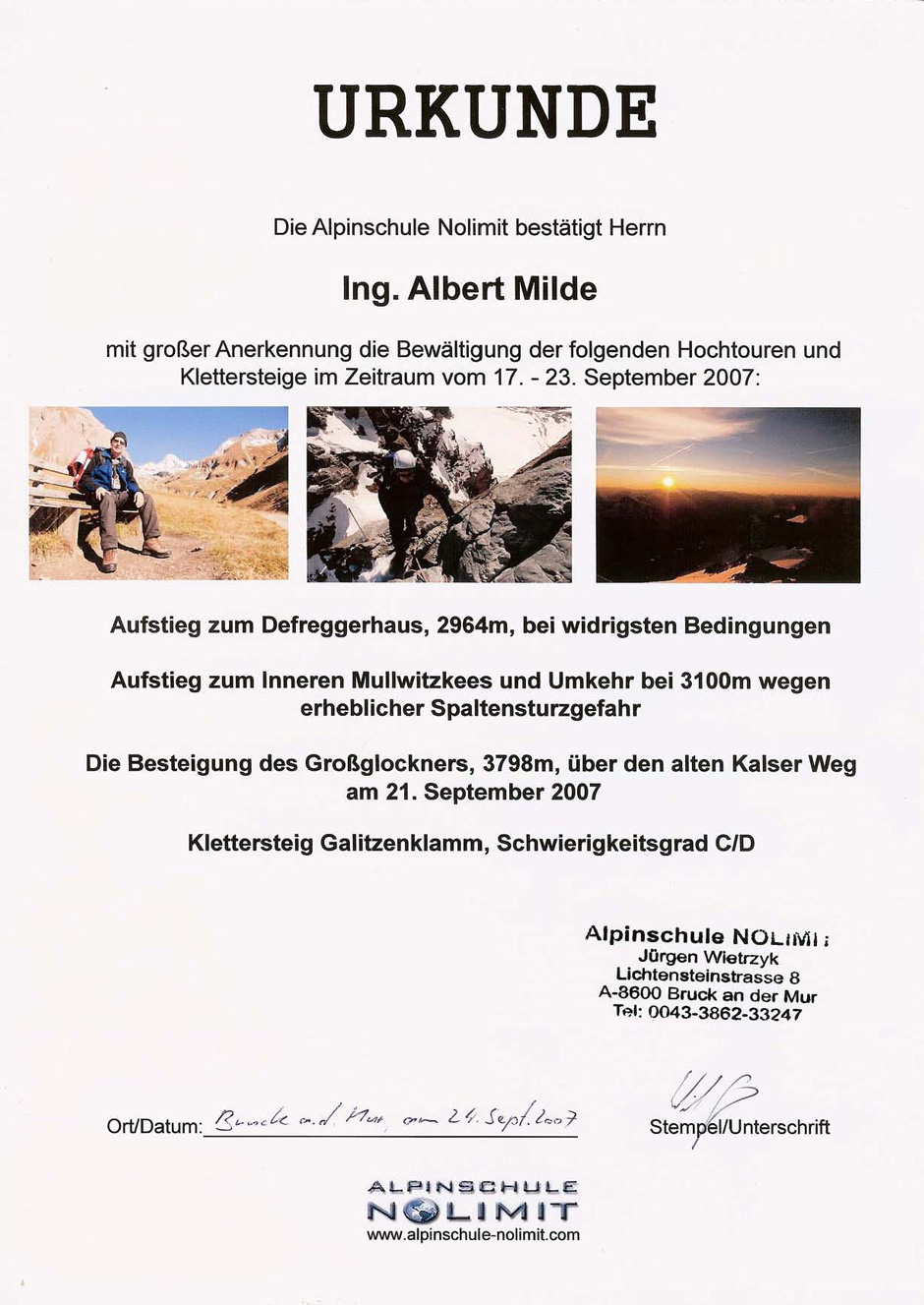 Urkunde Alpinschule NOLIMIT