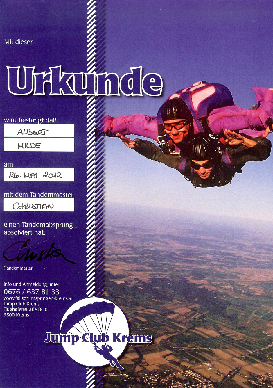 Urkunde Jump Club Krems: Tandemfallschirmsprung