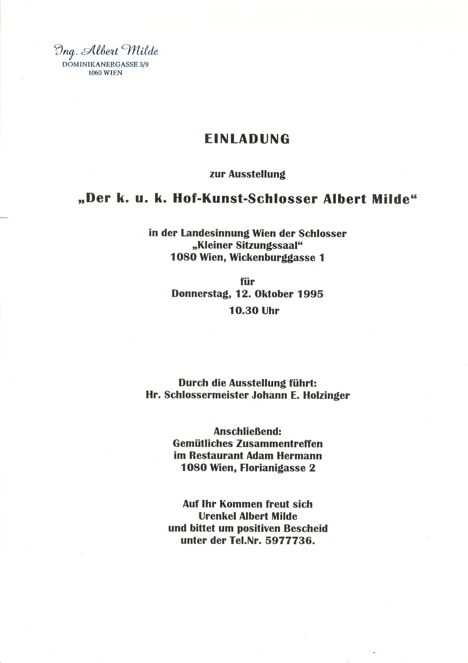 Einladung zur Ausstellung von Urenkel Albert Milde
