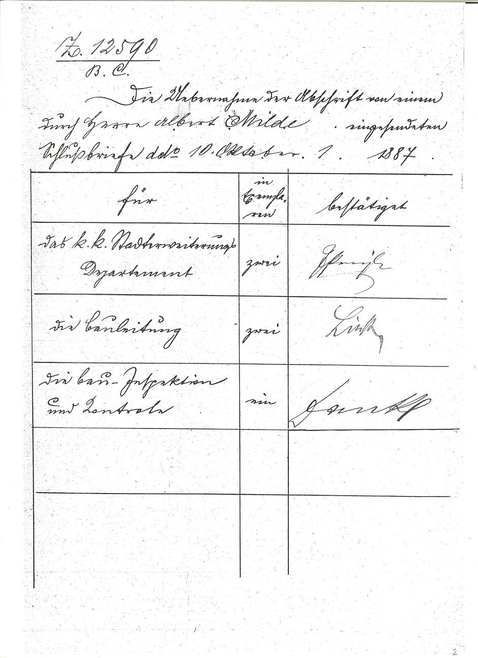 Lieferung von Kellerfenstergitter für das Hofburgtheater durch Albert Milde (Annahmebestätigung), Blatt 2