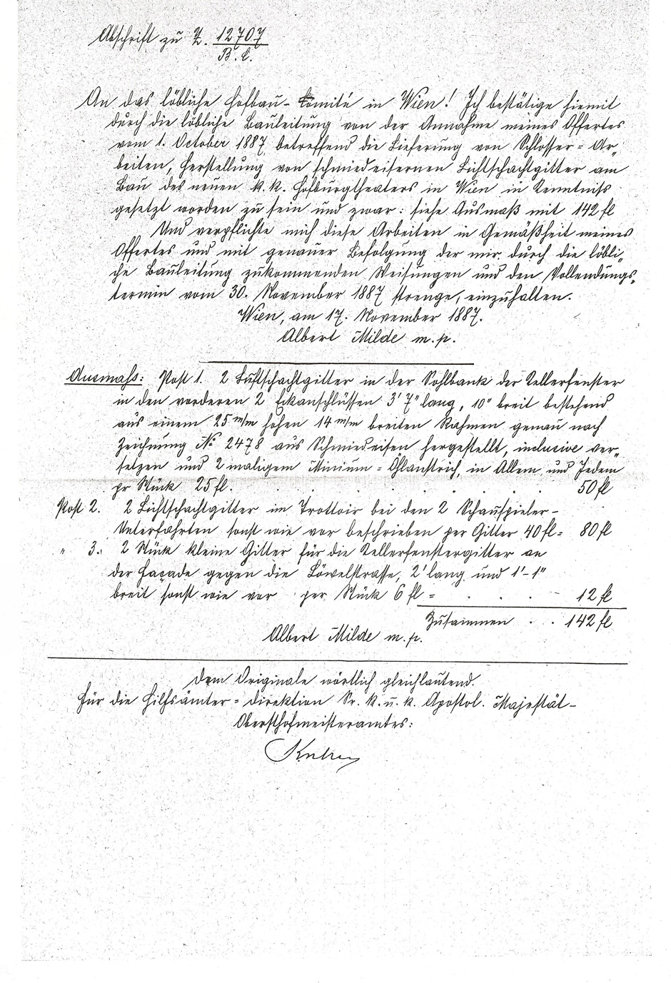 Herstellung von Schlosserarbeiten für die Lichtschachtgitter des Hofburgtheaters durch Albert Milde (Annahmebestätigung), Blatt 3