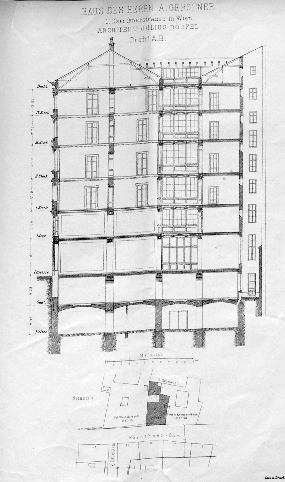 Profil A-B und Grundrissskizze des Hauses des Herrn A. Gerstner