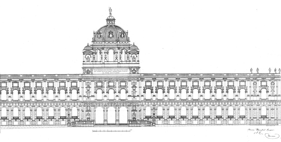 Archivbild 1: Bauzeichnung der Hauptfasse des Kunsthistorischen Museums in Wien