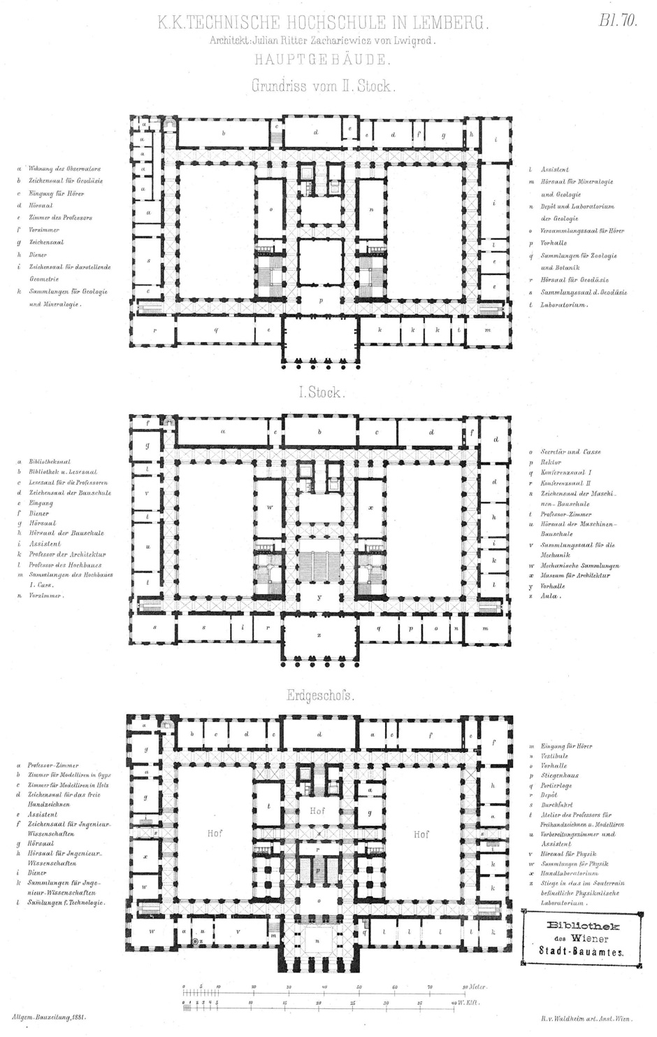 Archivbild 3: K. K. Technische Hochschule in Lemberg; Hauptgebäude Grundriss vom II, I Stock und Erdgeschoß