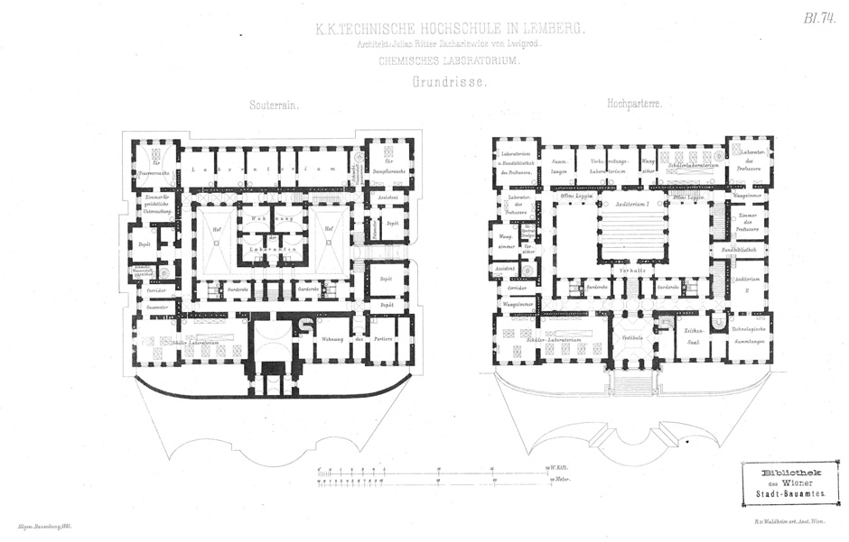 Archivbild 5: K. K. Technische Hochschule in Lemberg; Chemisches Laboratorium Grundrisse von Souterrain und Hochparterre