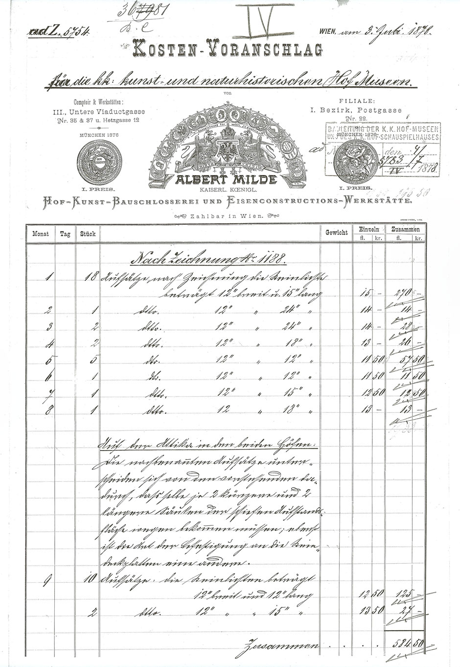 Lieferung von schmiedeeisernen Aufsätzen der Schornsteine für die Hofmuseen, Blatt 17