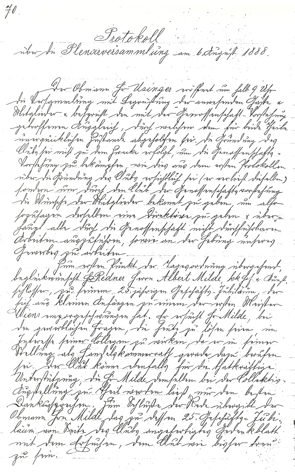 Protokoll über die Plenarsitzung am 6.8.1888 Seite 1