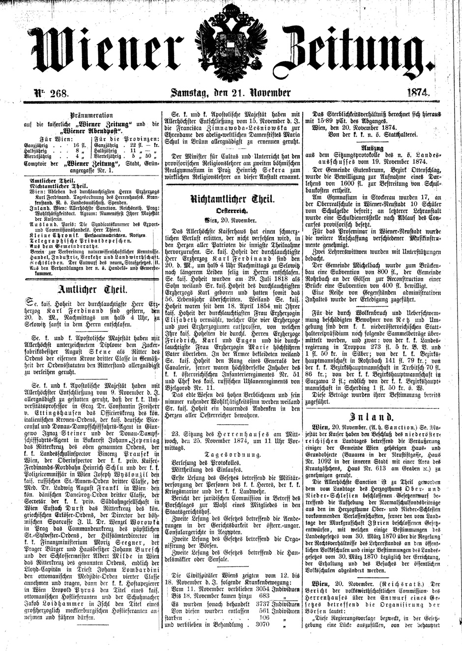 Archivbild: Wiener Zeitung, Samstag, den 21. November 1874