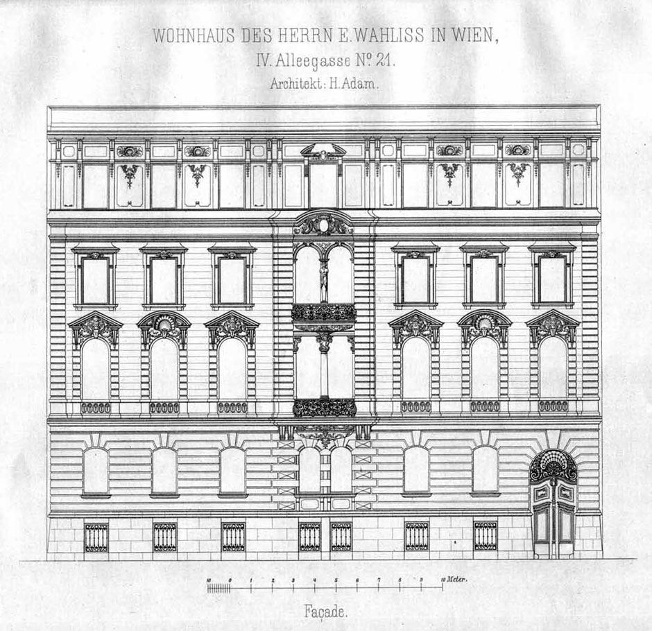 Archivbild: Palais Wahliss, Hauptfassade mit reichverzierten getriebenen Ornamenten